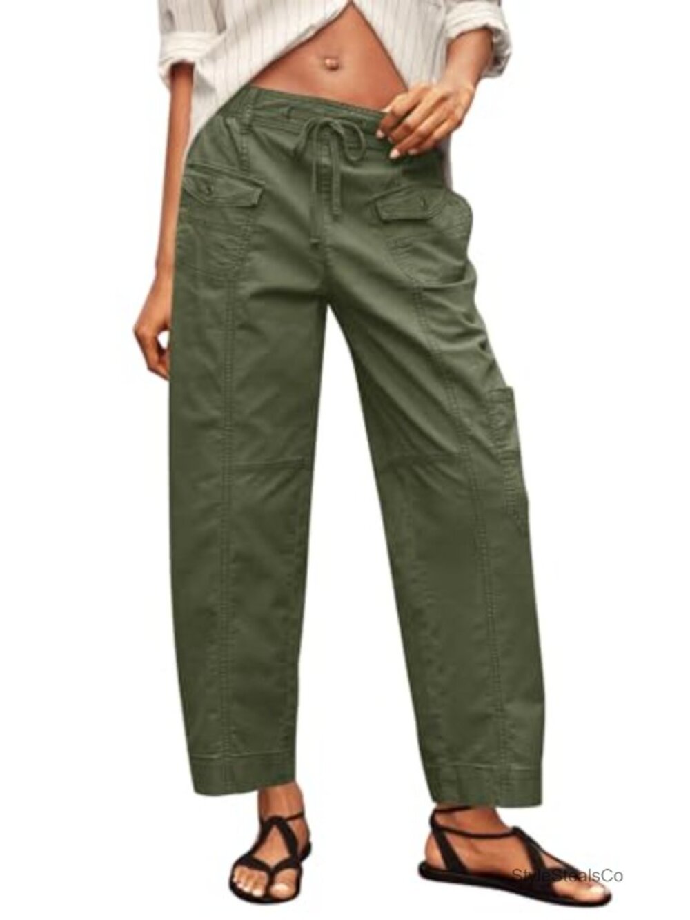 100% Cotton Cargo Pants Drawstring Elastic Waist Casual Hiking Work Pants